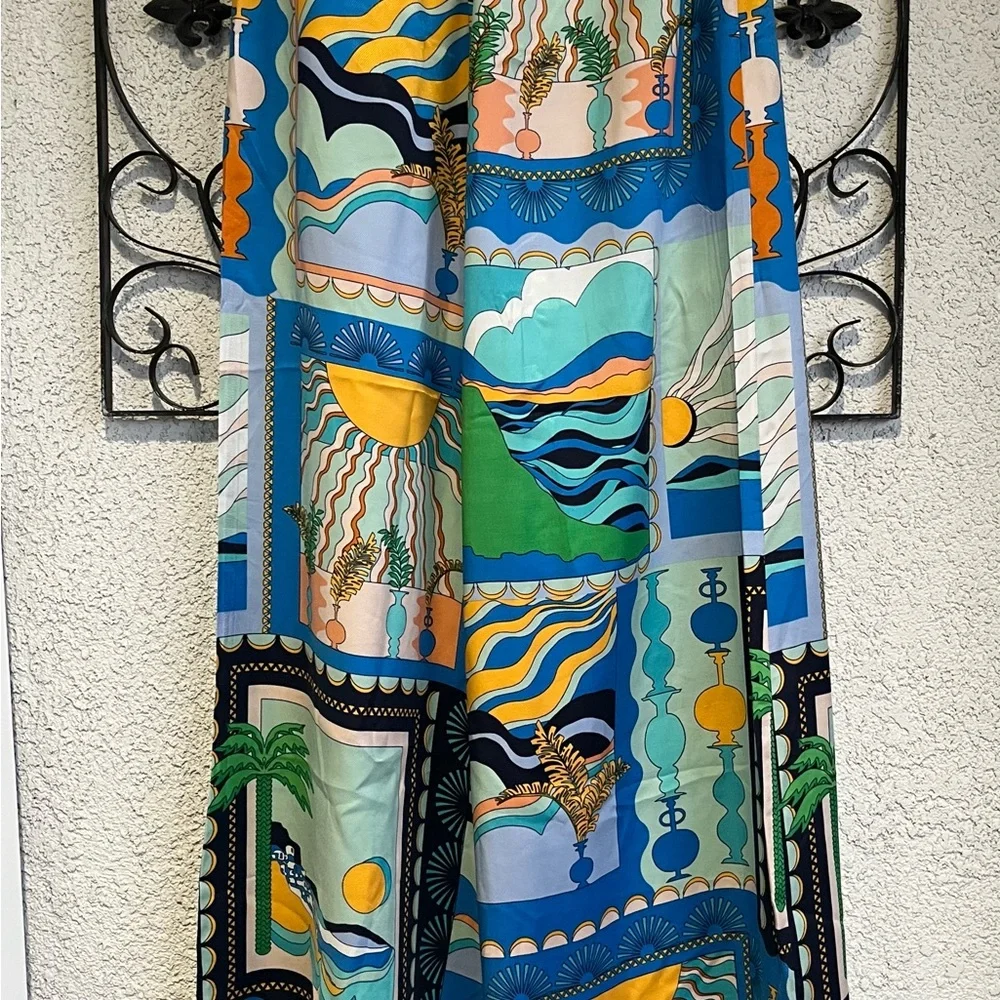 Anthropologie Blue Green Yellow Patchwork Wide-Leg Pants - Picture 12 of 13